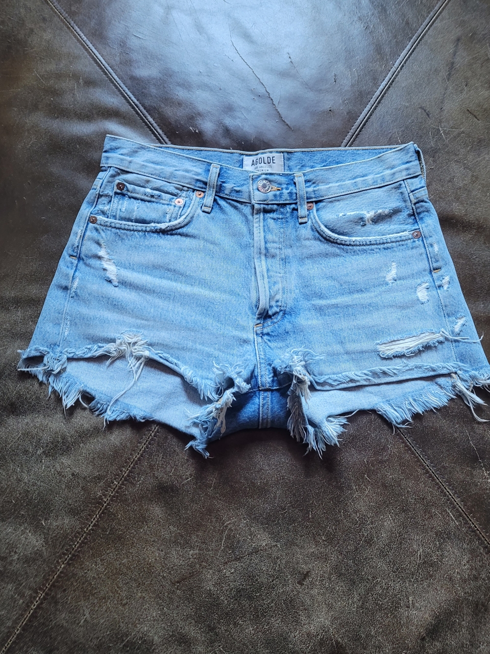 Agolde Parker Vintage Style Light Blue Distressed High Rise Denim Cutoff Shorts